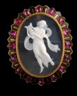 An agate cameo by G.A. Santarelli, mounted in a precious gold brooch with enamels and rubies. Erato, muse of poetry and choral singing. The elegant fe...