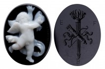 A fine, two-layer onyx cameo by Girometti. Cupid - winged genie (front); allegorical emblem (back). On the front there is the figure of naked, dancing...