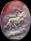 A fine, double-layer agate cameo. Zephyr and Psyche. The maiden, with reclined face and a serene expression, is carried to the sky by young Zephyr, he...