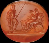 A Grand Tour orange glass cast, drawn from an intaglio. Paris and Helen, scolded by Hector. The scene is drawn from a low relief by Bertel Thorvaldsen...