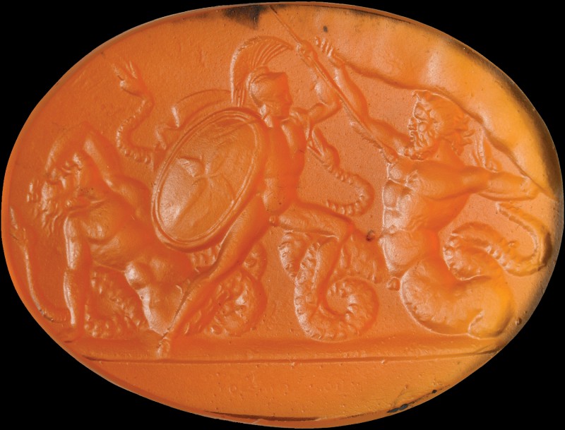 A Grand Tour orange glass cast, drawn from a Poniatowski intaglio. Mars against ...