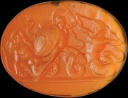 A Grand Tour orange glass cast, drawn from a Poniatowski intaglio. Mars against the Titans. The god of war, in order to defend the Olympus from the at...