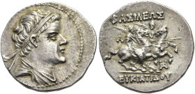 KÖNIGREICH BAKTRIEN. Eukratides I. Megas, ca. 170 - 145 v. Chr. Eukratides I. Megas, ca. 170 - 145 v. Chr. Drachme ø 19mm (4.18g). ca. 170 - 163 v. Ch...