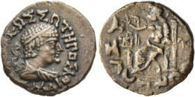 INDO-SKYTHEN. KÖNIGREICH. Imitation nach Hermaios Soter. Imitation nach Hermaios Soter. Drachme im indischen Gewichtsstandard ø 17mm (2.31g). ca. 20 v...