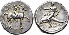 KALABRIEN. TARENT. Didrachme ø 22mm (7.89g). 330 - 325 v. Chr. Vs.: Nackter Reiter, der sein Pferd bekränzt u. selbst von Nike bekränzt wird, darunter...