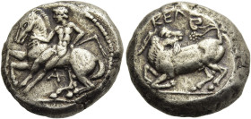 KILIKIEN. KELENDERIS. Stater ø 20mm (11.20g). ca. 425 - 400 v. Chr. Vs.: Nackter Jüngling mit Peitsche springt n. l. von einem Pferd, darunter A. Rs.:...