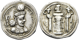 SASANIDEN. Shapur III., 383 - 388 n. Chr. Shapur III., 383 - 388 n. Chr. Drachme ø 24mm (4.23g). Vs.: Büste in Ornat mit Krone, verziert mit Korymbos,...