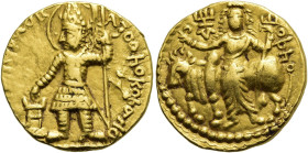 KUSHAN. Vasudeva I., ca. 190 - 230 n. Chr. Vasudeva I., ca. 190 - 230 n. Chr. Dinar ø 20mm (7.73g). Vs.: König mit Dreizack u. Standarte neben Altar. ...