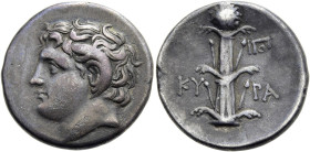 KYRENAIKA. KYRENE. Rhodische Didrachme ø 23mm (7.59g). 308 - 277 v. Chr. Vs.: Kopf des Karneios n. l. Rs.: KY-PA, Silphionpflanze, r. Monogramm. SNG C...