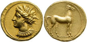 ZEUGITANIA. KARTHAGO. Stater ø 19mm (9.20g). ca. 350 - 320 v. Chr. Vs.: Kopf der Tanit mit Ährenkranz, Ohrring u. Halscollier n. l. Rs.: Pferd n. r. s...