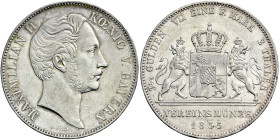 BAYERN. Maximilian II., 1848 - 1864. Maximilian II., 1848 - 1864. Doppeltaler (2 Vereinstaler) (37.09g). 1855, München. Kopf nach rechts, darunter Sig...