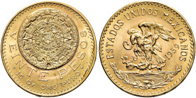 MEXIKO. 2. Republik, seit 1867. 2. Republik, seit 1867. 20 Pesos (16.64g). 1959, Mexiko Stadt. Aztekischer Kalenderstein, darunter Wertangabe / Adler ...