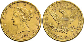 VEREINIGTE STAATEN (USA). 10 Dollar (16.71g). 1894, Philadelphia. Typ "Coronet Head". Büste nach links, umgeben von 13 Sternen, darunter Jahreszahl / ...
