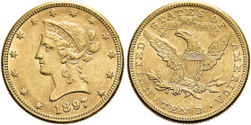 VEREINIGTE STAATEN (USA). 10 Dollar (16.70g). 1897, Philadelphia. Typ "Coronet Head". Kopf nach links, darunter Jahreszahl, umher 13 Sterne / Adler mi...