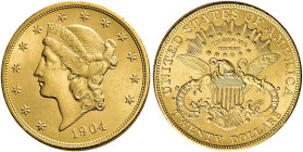 VEREINIGTE STAATEN (USA). 20 Dollar (33.41g). 1904, Philadelphia. Typ "Liberty Head". Kopf nach links, darum 13 Sterne, darunter Jahreszahl / Wappenad...