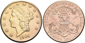 VEREINIGTE STAATEN (USA). 20 Dollar (33.30g). 1904 S, San Francisco. Typ "Liberty Head". Kopf nach links, umgeben von 13 Sternen, unten Jahreszahl / A...