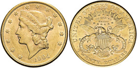 VEREINIGTE STAATEN (USA). 20 Dollar (33.38g). 1904 S, San Francisco. Typ "Liberty Head". Kopf nach links, umgeben von 13 Sternen, unten Jahreszahl / A...