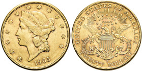 VEREINIGTE STAATEN (USA). 20 Dollar (33.38g). 1905 S, San Francisco. Typ "Liberty Head". Kopf nach links, umgeben von 13 Sternen, unten Jahreszahl / A...