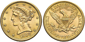 VEREINIGTE STAATEN (USA). 5 Dollar (8.35g). 1908, Philadelphia. Typ "Coronet Head". Kopf nach links, darunter Jahreszahl, umher 13 Sterne / Adler mit ...