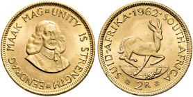 SÜDAFRIKA. Republik Südafrika, seit 1960. Republik Südafrika, seit 1960. 2 Rand (7.96g). 1962, Pretoria. Brustbild Jan van Riebeecks halbrechts / Spri...