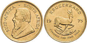 SÜDAFRIKA. Republik Südafrika, seit 1960. Republik Südafrika, seit 1960. Krügerrand (33.91g). 1975, Pretoria. Brustbild von "Ohm" Paul Kruger nach lin...