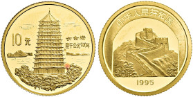 CHINA. VOLKSREPUBLIK. Seit 1949. Seit 1949. 10 Yuan (3.11g). 1995. Pagode der sechs Harmonien am Qiantang in Hangzhou (1. Serie Chinesische Kultur). 1...
