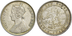 INDIEN. ALWAR. Rupie (11.64g). 1878. Gekröntes Brustbild der Kaiserin Victoria nach links / Schrift, darunter Jahreszahl. Riffelrand. KM 45. Feine Eic...
