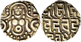 INDIEN. GAHADAVALAS VON KANAUJ UND BANARES. Dinar (4.31g). o.J. (um 1114 - 1154). Govindachandra Deva. Lakshmi sitzend von vorne / Drei Zeilen brahmis...