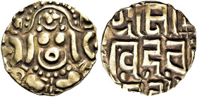 INDIEN. GAHADAVALAS VON KANAUJ UND BANARES. Dinar (3.97g). o.J. (um 1114 - 1154). Govindachandra Deva. Lakshmi sitzend von vorne / Drei Zeilen brahmis...