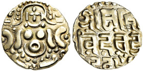 INDIEN. GAHADAVALAS VON KANAUJ UND BANARES. Dinar (4.25g). o.J. (um 1114 - 1154). Govindachandra Deva. Lakshmi sitzend von vorne / Drei Zeilen brahmis...