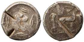 SICILY. Leontini. Circa 476-466 BC. Tetradrachm (silver, 17.17 g, 25 mm). Charioteer driving quadriga walking to right, holding goad in his right hand...