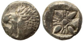 IONIA. Miletos. Circa 525-475 BC. Diobol (silver, 0.96 g, 9 mm). Forepart of lion left. Rev. Stellate floral design within incuse square. Nearly very ...