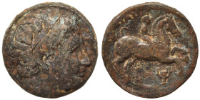 KINGS of MACEDON. Philip II, 359-336 BC. Ae (bronze, 4.41 g, 15 mm). Laureate head of Apollo right. Rev. ΦIΛIΠΠOΥ Youth on horseback right; kantharos ...