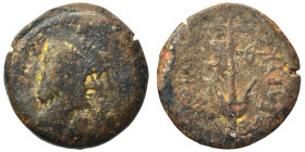 SELEUKID KINGS of SYRIA. Seleukos II Kallinikos, 246-226 BC. (bronze, 5.11 g, 19 mm), Nisibis. Jugate heads of the Dioskouroi to right, each wearing a...