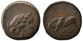 SELEUKID KINGS of SYRIA. Seleukos II Kallinikos, 246-225 BC. Ae (bronze, 8.42 g, 21 mm), ΔEΛ Mint. Laureate and draped bust of Apollo right. Rev. BAΣΙ...