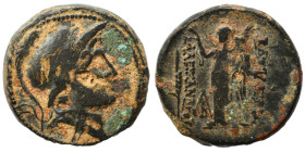 SELEUKID KINGS of SYRIA. Alexander I Balas, 152-145 BC. Ae (bronze, 6.73 g, 18 mm). Antioch on the Orontes. Helmeted head right. Rev. Nike standing le...