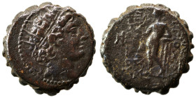 SELEUKID KINGS of SYRIA. Antiochos VI Dionysos, 144-142 BC. Ae serrate (bronze, 7.53 g, 19 mm), Ake-Ptolemais. Radiate and diademed head of Antiochos ...