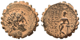 SELEUKID KINGS of SYRIA. Antiochos VI Dionysos, 144-142 BC. Ae serrate (bronze, 6.96 g, 20 mm), Ake-Ptolemais. Radiate and diademed head of Antiochos ...