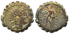 SELEUKID KINGS of SYRIA. Antiochos VI Dionysos, 144-142 BC. Ae serrate (bronze, 6.10 g, 21 mm), Ake-Ptolemais. Radiate and diademed head of Antiochos ...