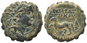 SELEUKID KINGS of SYRIA. Antiochos VI Dionysos. 144-142 BC. Ae Serrate (bronze, 3.01 g, 15 mm). Ptolemaïs (Ake) mint (?). Radiate and diademed head ri...