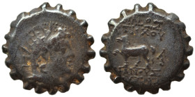 SELEUKID KINGS of SYRIA. Antiochos VI Dionysos. 144-142 BC. Ae Serrate (bronze, 3.13 g, 15 mm). Ptolemaïs (Ake) mint (?). Radiate and diademed head ri...