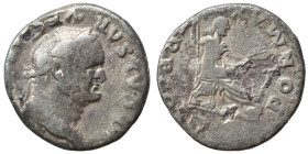 Vespasian, 69-79. Denarius (silver, 2.57 g, 17 mm), Rome. [… VESPASI]ANVS AVG Laureate head right. Rev: PON MAX TR P COS V Vespasian seated right on c...