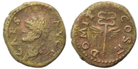 Domitian, as Caesar, 69-81. Quadrans (bronze, 2.95 g, 16 mm), Rome, for use in Syria. CAES AVG F Laureate head of Domitian to left. Rev. DOMIT COS II ...