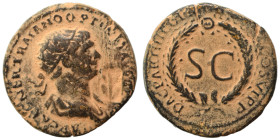 Trajan, 98-117. As (orichalcum, 7.21 g, 22 mm), Rome, for use in Syria. IMP CAES NER TRAIANO OPTIMO AVG GERM Radiate bust of Trajan to right, with sli...