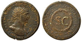 Trajan, 98-117. As (orichalcum, 8.47 g, 23 mm), Rome, for use in Syria. IMP CAES NER TRAIANO OPTIMO AVG GERM Radiate bust of Trajan to right, with sli...