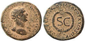 Trajan, 98-117. As (orichalcum, 8.13 g, 23 mm), Rome, for use in Syria. IMP CAES NER TRAIANO OPTIMO AVG GERM Radiate bust of Trajan to right, with sli...