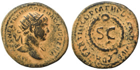 Trajan, 98-117. Semis (bronze, 3.33 g, 20 mm), Rome, for use in Syria. IMP CAES NER TRAIANO OPTIMO AVG GERM Radiate bust of Trajan to right, with slig...