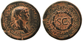 Trajan, 98-117. Semis (bronze, 4.87 g, 20 mm), Rome, for use in Syria. IMP CAES NER TRAIANO OPTIMO AVG GERM Radiate bust of Trajan to right, with slig...