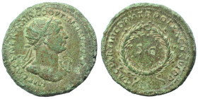 Trajan, 98-117. As (orichalcum, 7.87 g, 24 mm), Rome, for use in Syria. IMP CAES NER TRAIANO OPTIMO AVG GERM Radiate bust of Trajan to right, with sli...