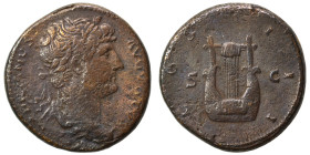 Hadrian, 117-138. As (bronze, 9.21 g, 23 mm), Rome. HADRIANVS AVGVSTVS Laureate, draped, and cuirassed bust right. Rev. COS III / S - C. Lyre. RIC 757...